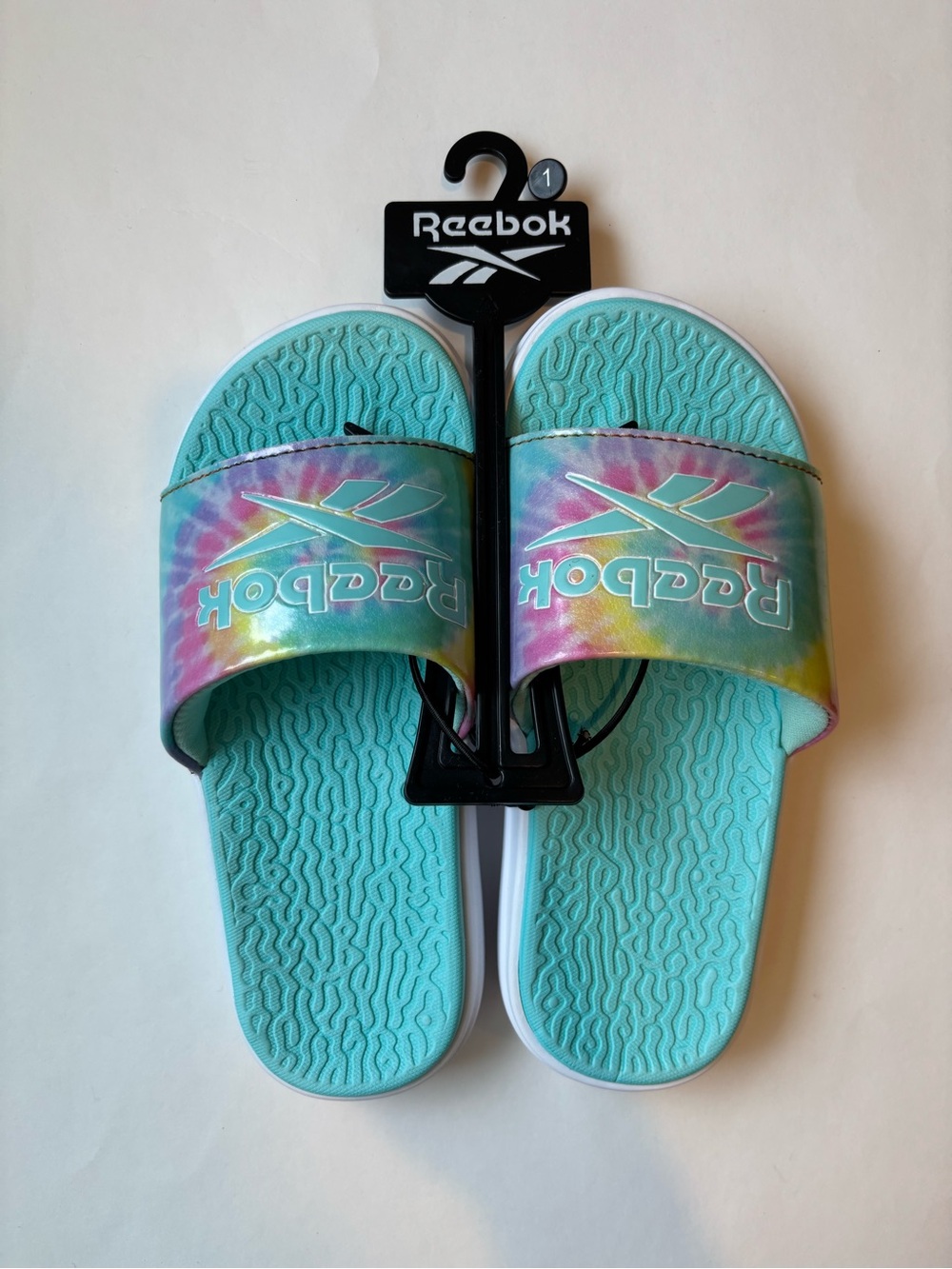 New Reebok Kids' Teal Tie-Dye Slide Sandals size 1